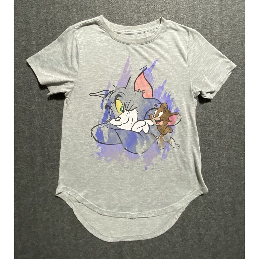 Tom And Jerry Shirt Womens Gray Graphic Short Sleeve Loose Tee Size M-7/9